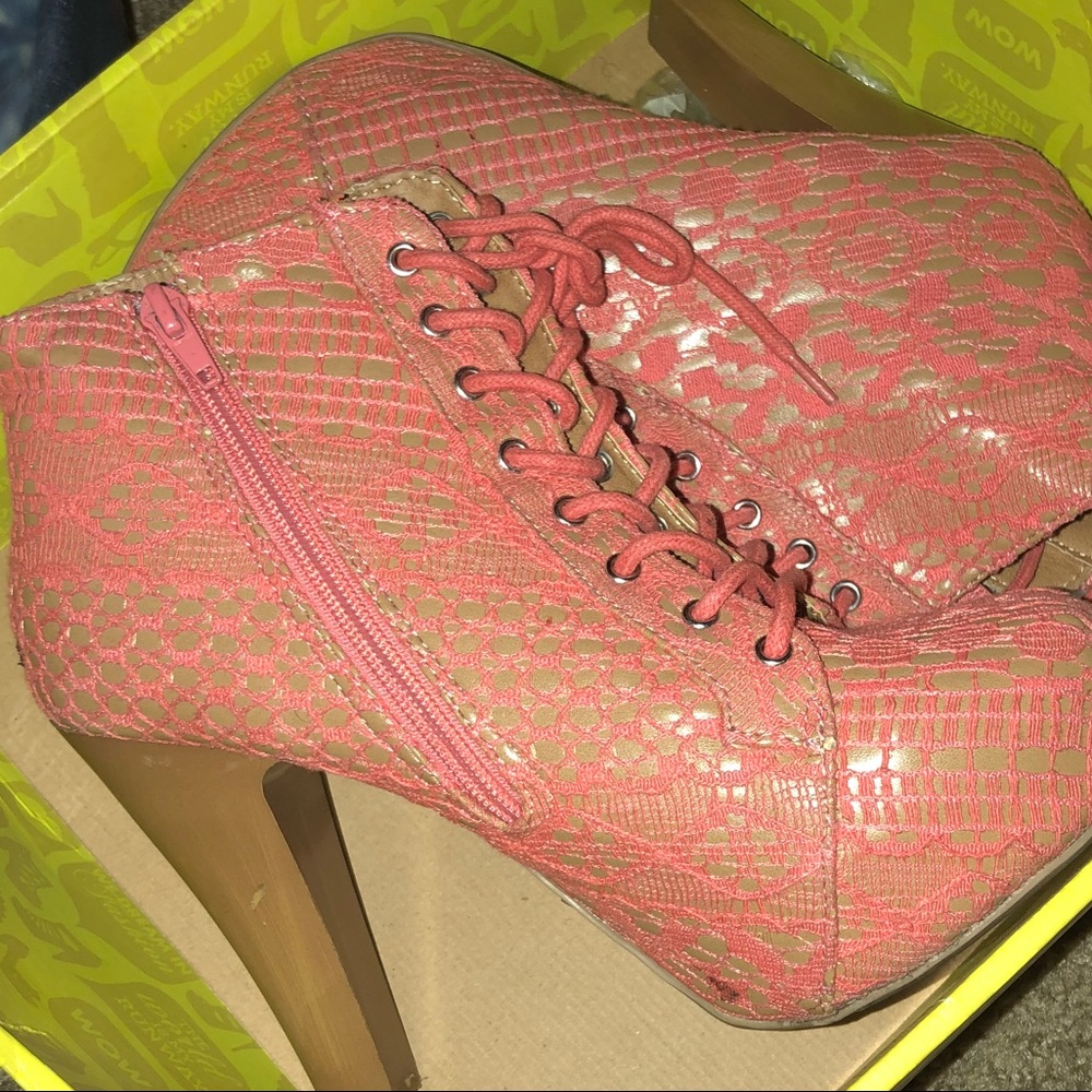 Coral colored lace detailed booties